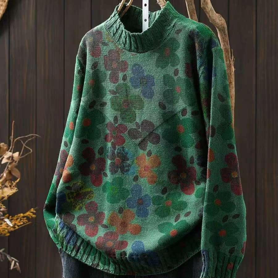 Babakud Women Autumn Artistic Flower Printed Cotton Knitted Sweater