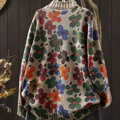 Babakud Women Autumn Artistic Flower Printed Cotton Knitted Sweater