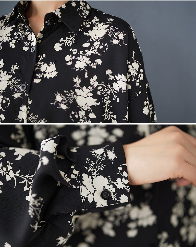 Women Spring Retro Loose-Fit Printed Floral Black Cotton Blouse