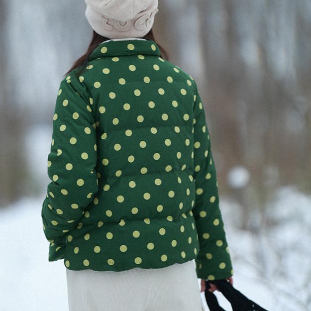 Babakud Women Winter Retro Green Corduroy Polka Dot Short Down Puffer Jacket