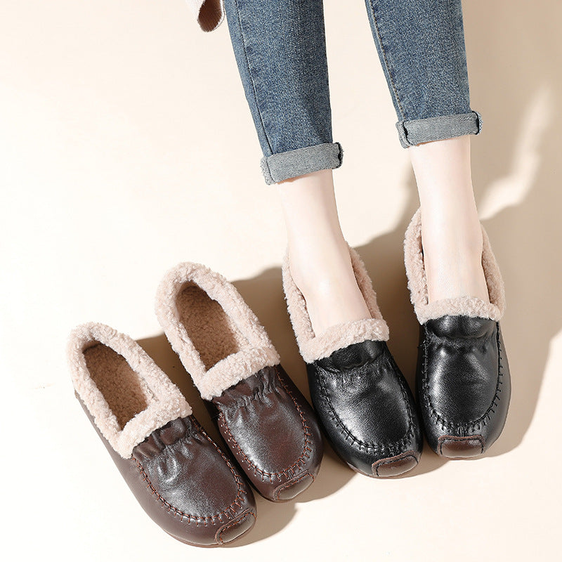 Babakud Women Winter Retro Fleece-Lined Leather Slip-On Soft Soled Loafers