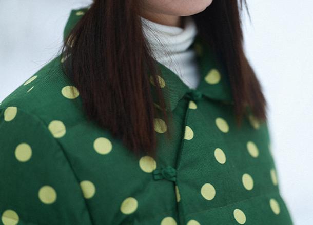 Babakud Women Winter Retro Green Corduroy Polka Dot Short Down Puffer Jacket