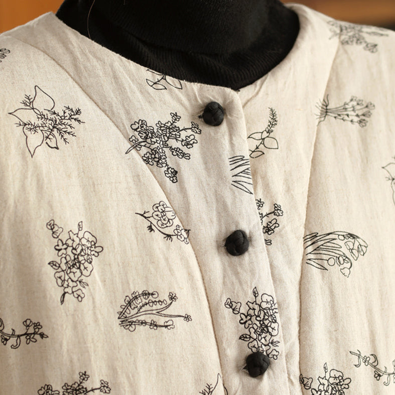 Women Winter Vintage Embroidered Washed Linen Quilted Jacket