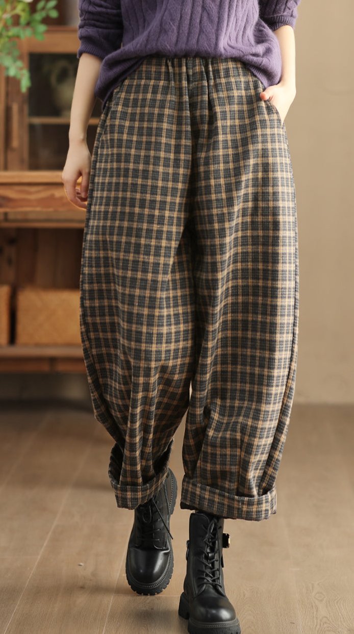 Women Retro Plaid Thickened Woolen Wide-Leg Casual Pants