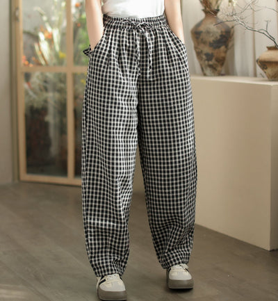 Women Cozy Loose Plaid Elastic Waist Padded Cotton Pants