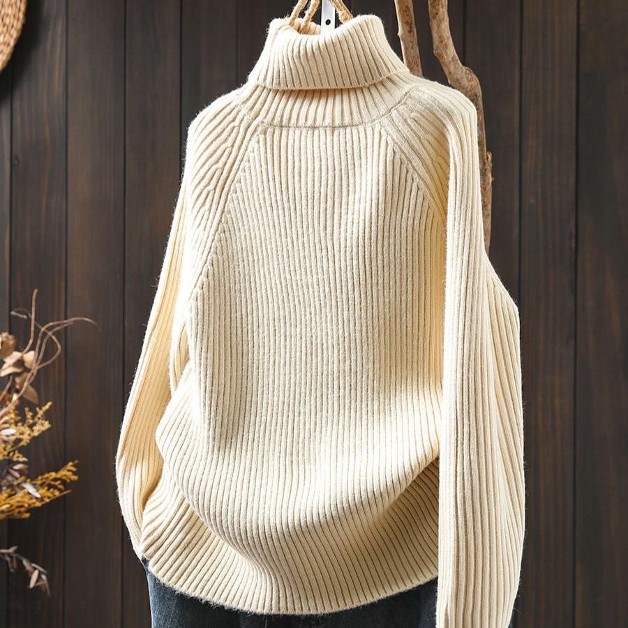 Women Winter High Neck Cashmere Sweater with Vertical Stripes