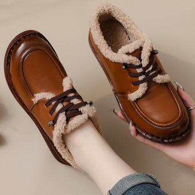 Babakud Women Winter Retro Fleece-Lined Leather Casual Shoes