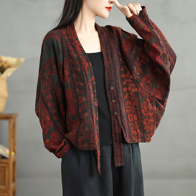 Babakud Women Autumn Bat Sleeves Printed Cotton Casual Cardigan