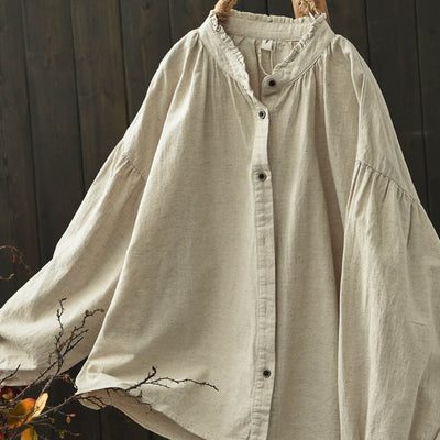 Babakud Women Autumn Artistic Linen Buttoned Long Sleeves Top