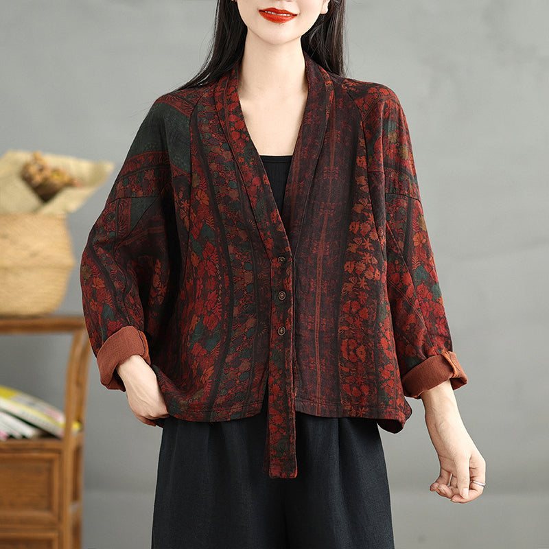 Babakud Women Autumn Bat Sleeves Printed Cotton Casual Cardigan