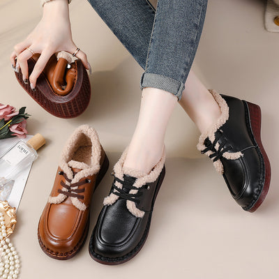 Babakud Women Winter Retro Fleece-Lined Leather Casual Shoes