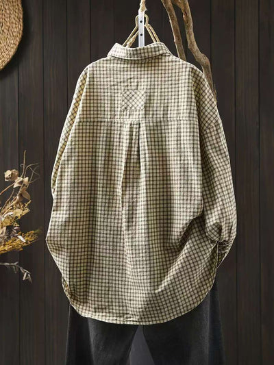 Babakud Women Autumn Retro Cotton Plaid Casual Shirt