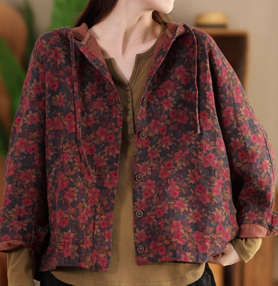 Babakud Women Autumn Retro Cotton Hemp Floral Printed Hooded Jacket