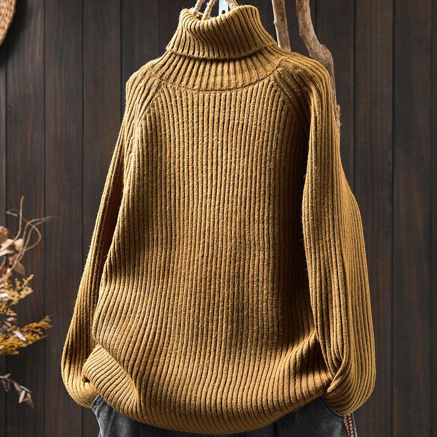 Women Winter High Neck Cashmere Sweater with Vertical Stripes