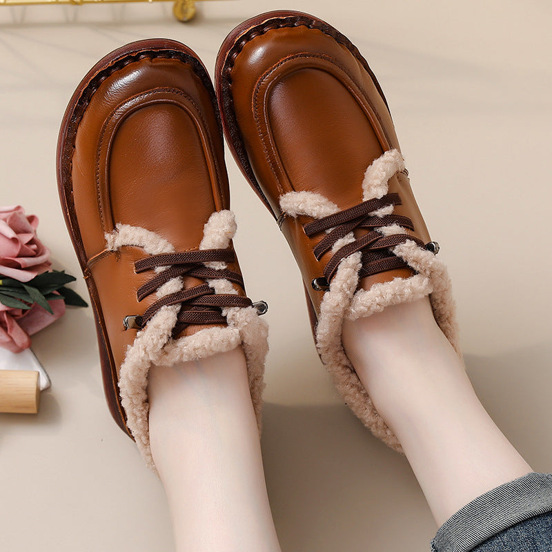 Babakud Women Winter Retro Fleece-Lined Leather Casual Shoes