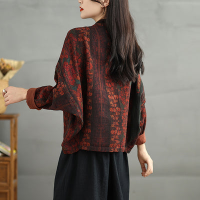 Babakud Women Autumn Bat Sleeves Printed Cotton Casual Cardigan