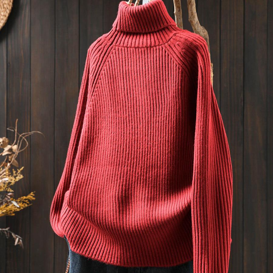 Women Winter High Neck Cashmere Sweater with Vertical Stripes