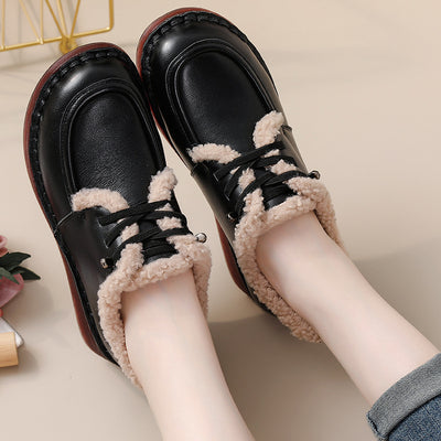 Babakud Women Winter Retro Fleece-Lined Leather Casual Shoes