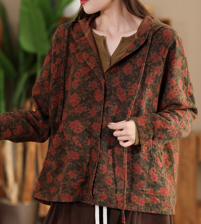 Babakud Women Autumn Retro Cotton Hemp Floral Printed Hooded Jacket