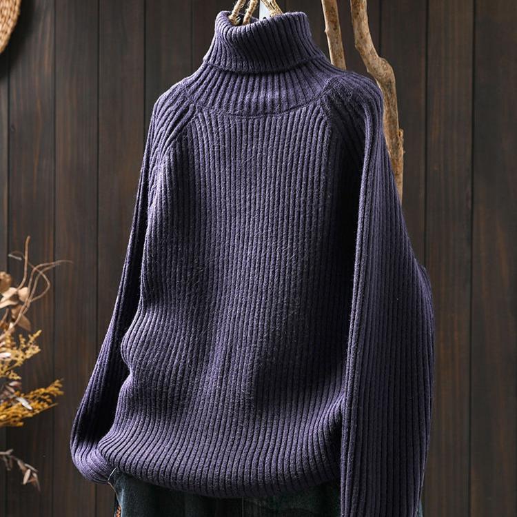 Women Winter High Neck Cashmere Sweater with Vertical Stripes