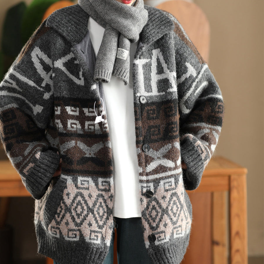 Women Winter Retro Jacquard Wool Knit Warm Cardigan