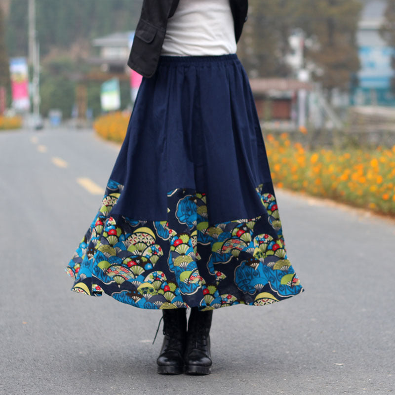 Ethnic Style Color Block Cotton Linen A- Line Skirts