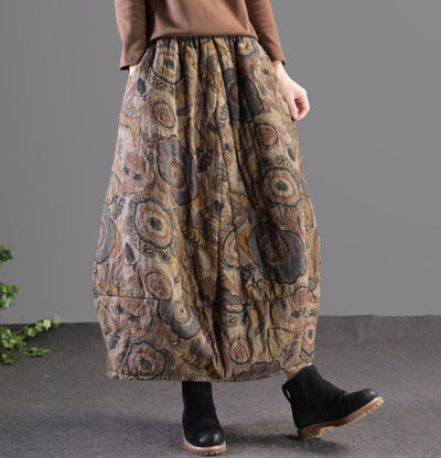 Winter Retro Ethnic Style Printed Padded Thickened Warm Midi Skirt