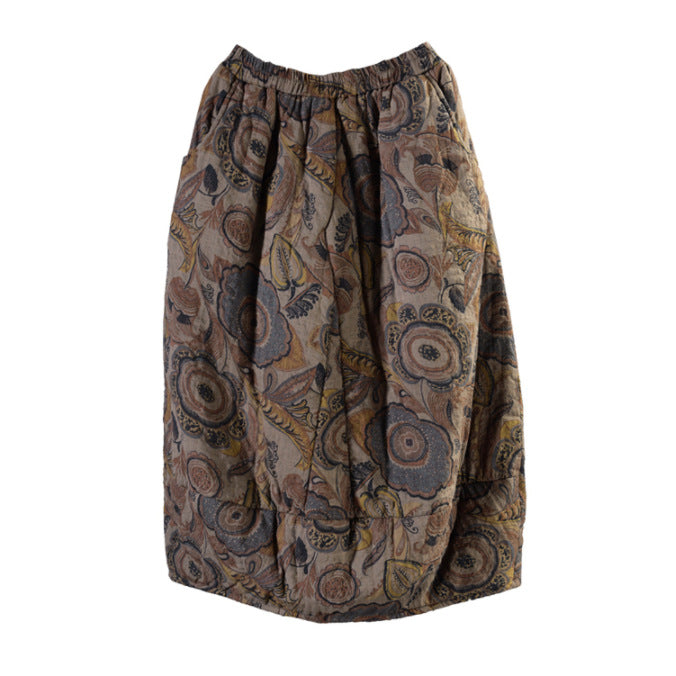 Winter Retro Ethnic Style Printed Padded Thickened Warm Midi Skirt