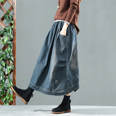 Retro Washed Pockets Asymmetric Spliced A- Line Denim Skirts