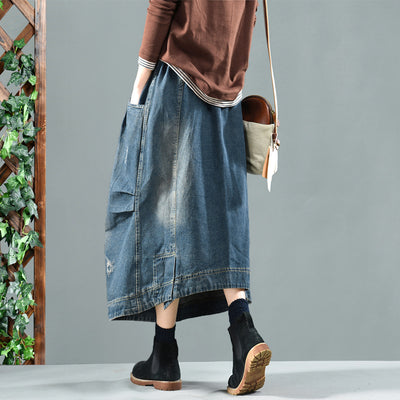 Retro Washed Pockets Asymmetric Spliced A- Line Denim Skirts