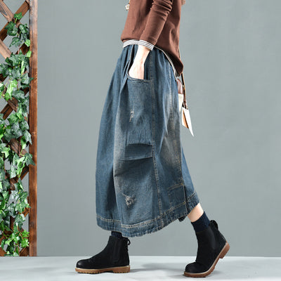 Retro Washed Pockets Asymmetric Spliced A- Line Denim Skirts