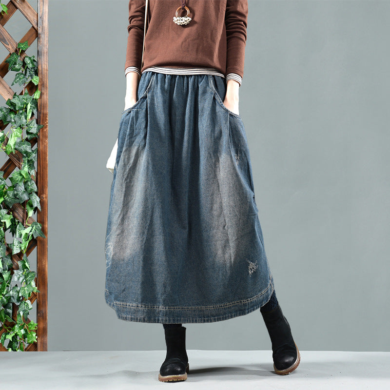 Retro Washed Pockets Asymmetric Spliced A- Line Denim Skirts