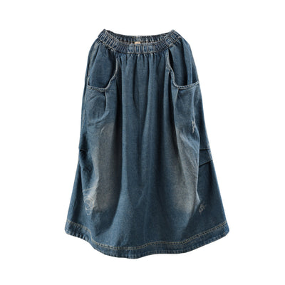 Retro Washed Pockets Asymmetric Spliced A- Line Denim Skirts