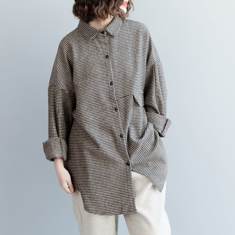 Autumn Loose Houndstooth Woolen Shirt for Women