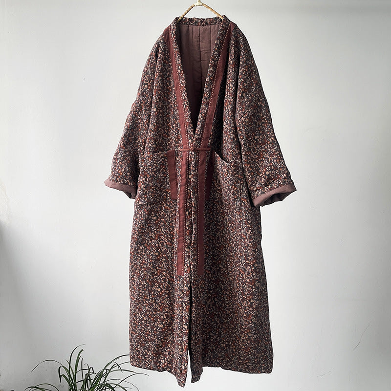 Women Retro Loose Floral Printed Mid-Length Cotton Linen Coat