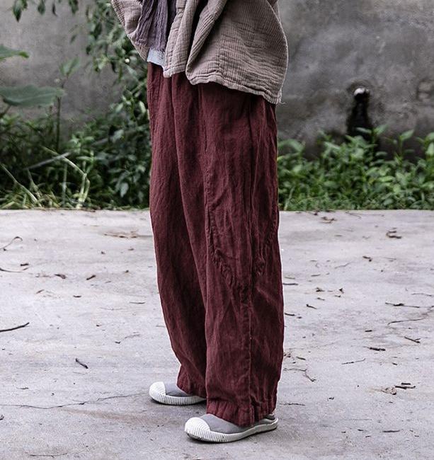 Red Elastic Waist Straight- Leg Linen Pants for Women