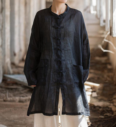 Women Traditional Loose Black Mid- Length Ramie Shirts