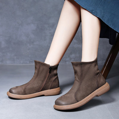 Retro Genuine Leather Side Zipper Ankle Boots for Women