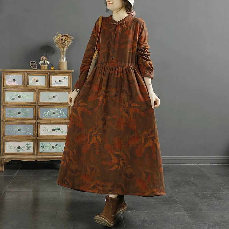 Women Autumn Vintage Buttoned Cotton Linen Printed Long Dress with Waist Tie