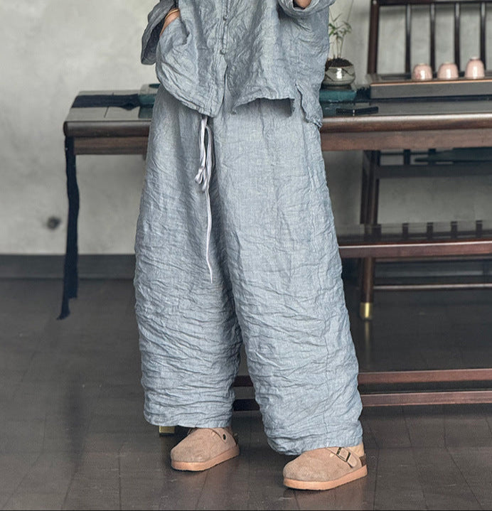 Women Solid Color Loose Wide- Leg Linen Harem Pants