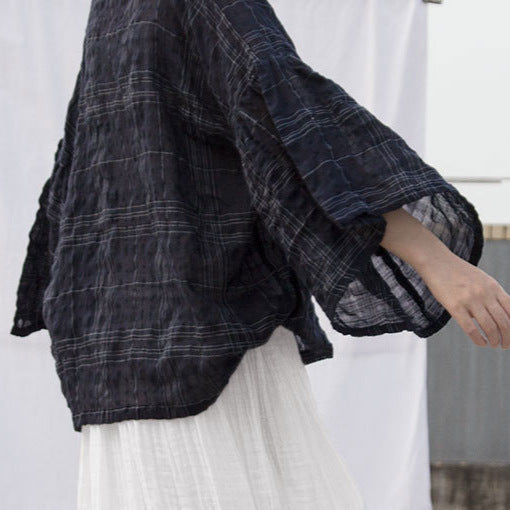 Loose Ruffled Semi- Sheer Jacquard Plaid Ramie Tops