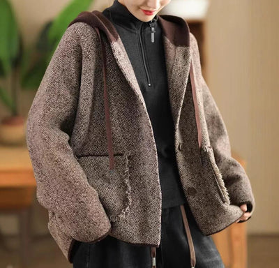 Women Vintage Loose Warm Frayed Hooded Woolen Coat