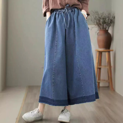 Women Color Block Lace-Up Loose Wide Leg Jeans