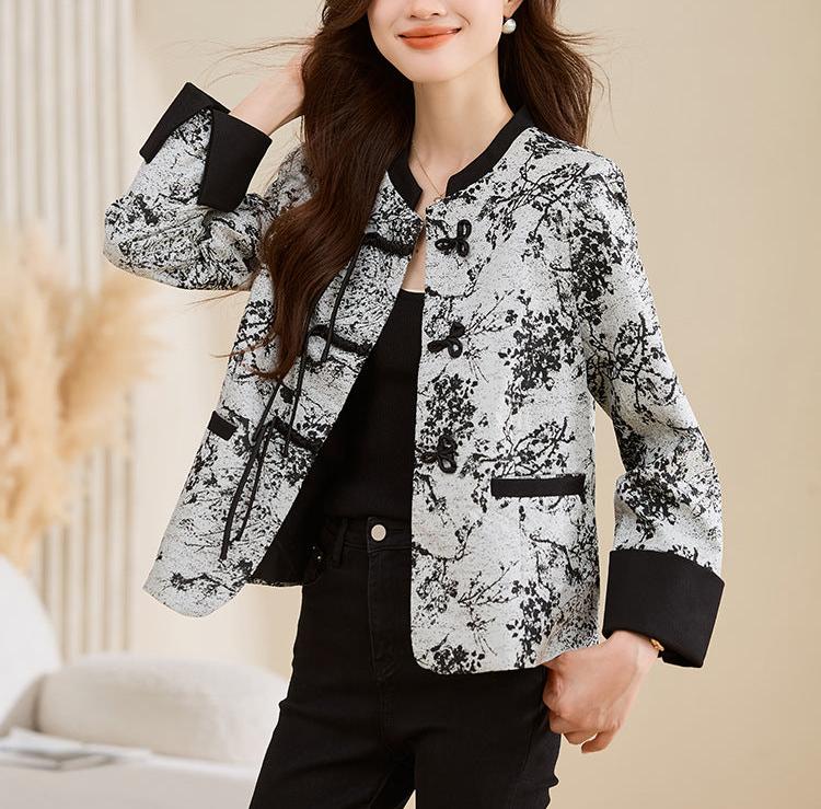 Women Vintage Ink Printed Stand Collar Jacket