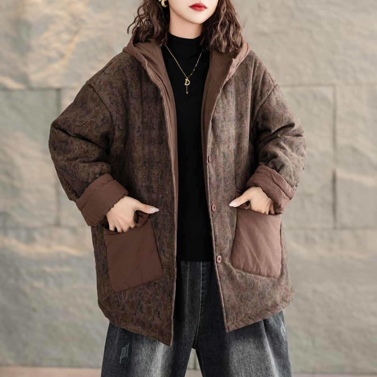 Women Trendy Vintage Printed Warm Padded Hooded Coats