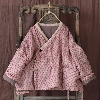 Pink Traditional Style Printed Linen Padded Coat