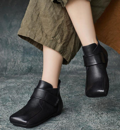 Women Fashion Trendy Retro Leather Square Toe Velcro Ankle Boots