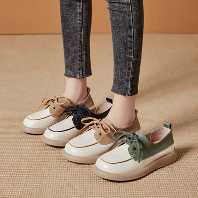 Women Color Block Platform Casual Leather Shoes