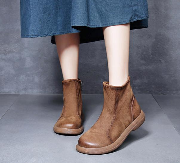 Retro Genuine Leather Side Zipper Ankle Boots for Women