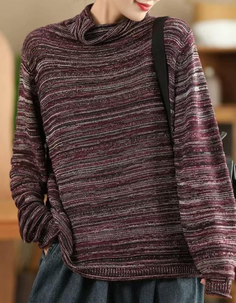 Women Casual Striped Turtleneck Knit Sweater